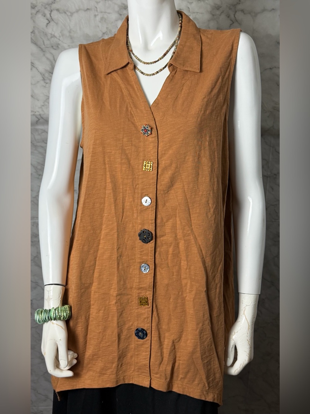 Lagenlook Variety Buttons Front Tunic Top L 100% Cotton Slub Sharkbite Hem Boho